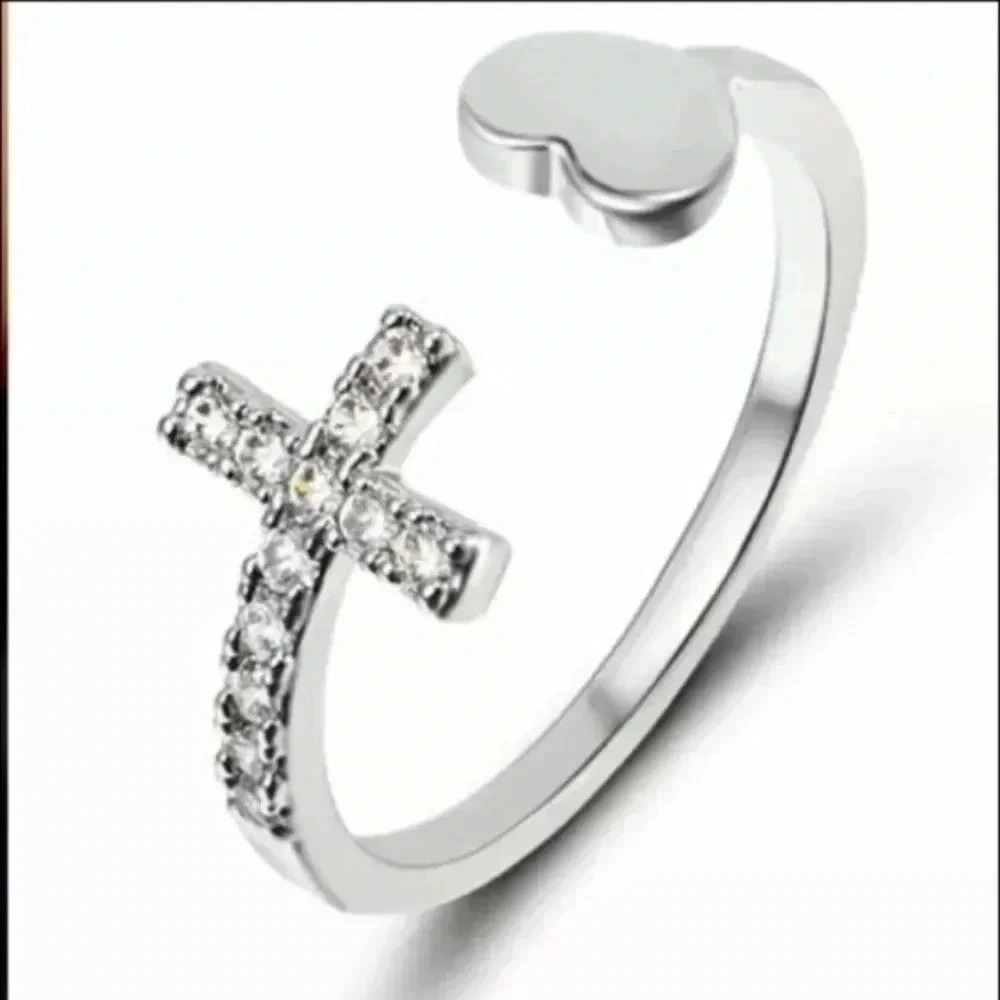Silver Crystal Cross & Heart Adjustable Free Size Open Ring NWT